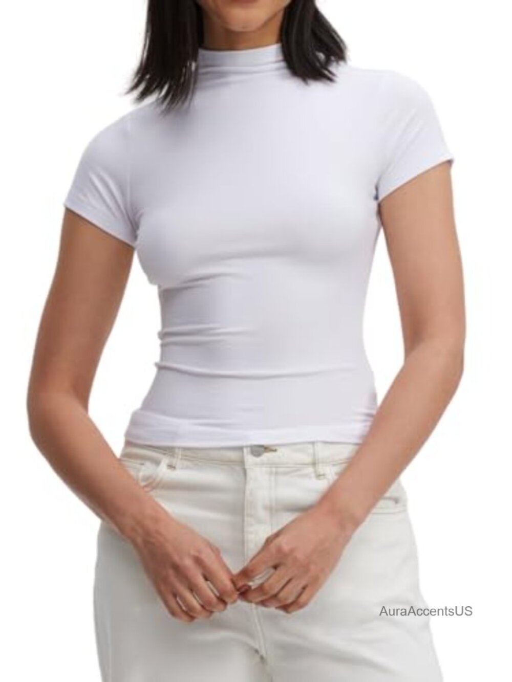 Womens Mock Neck Slim Fit Crop Top Short Sleeve Stretch Tee